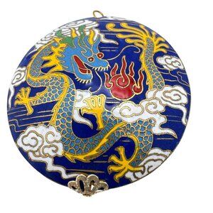Cloisonne Vtg Enamel Dragon Blue Bead Clouds Fire 2" Diameter Gold-Tone Trim